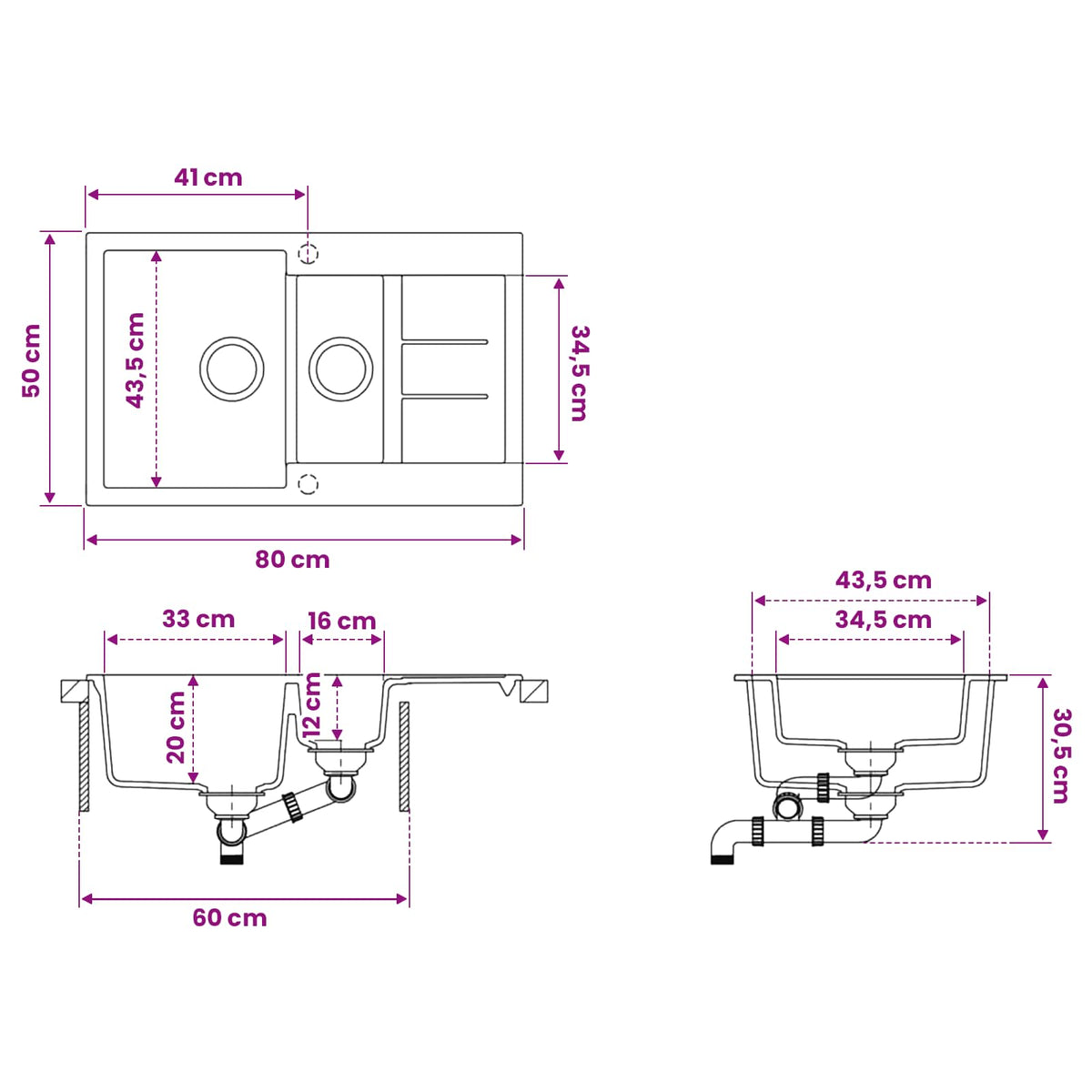 vidaXL Kitchen Sink Double Basin Granite 80 x 50 x 30.5 cm Graphite