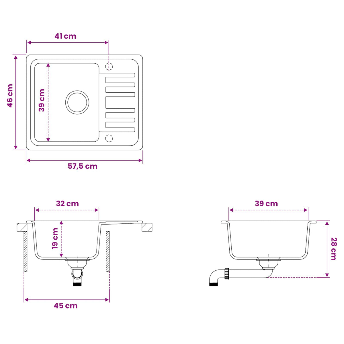 vidaXL Kitchen Sink with Drainer Granite 57.5 x 46 x 28 cm Graphite