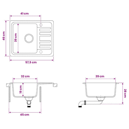 vidaXL Kitchen Sink with Drainer Granite 57.5 x 46 x 28 cm Graphite