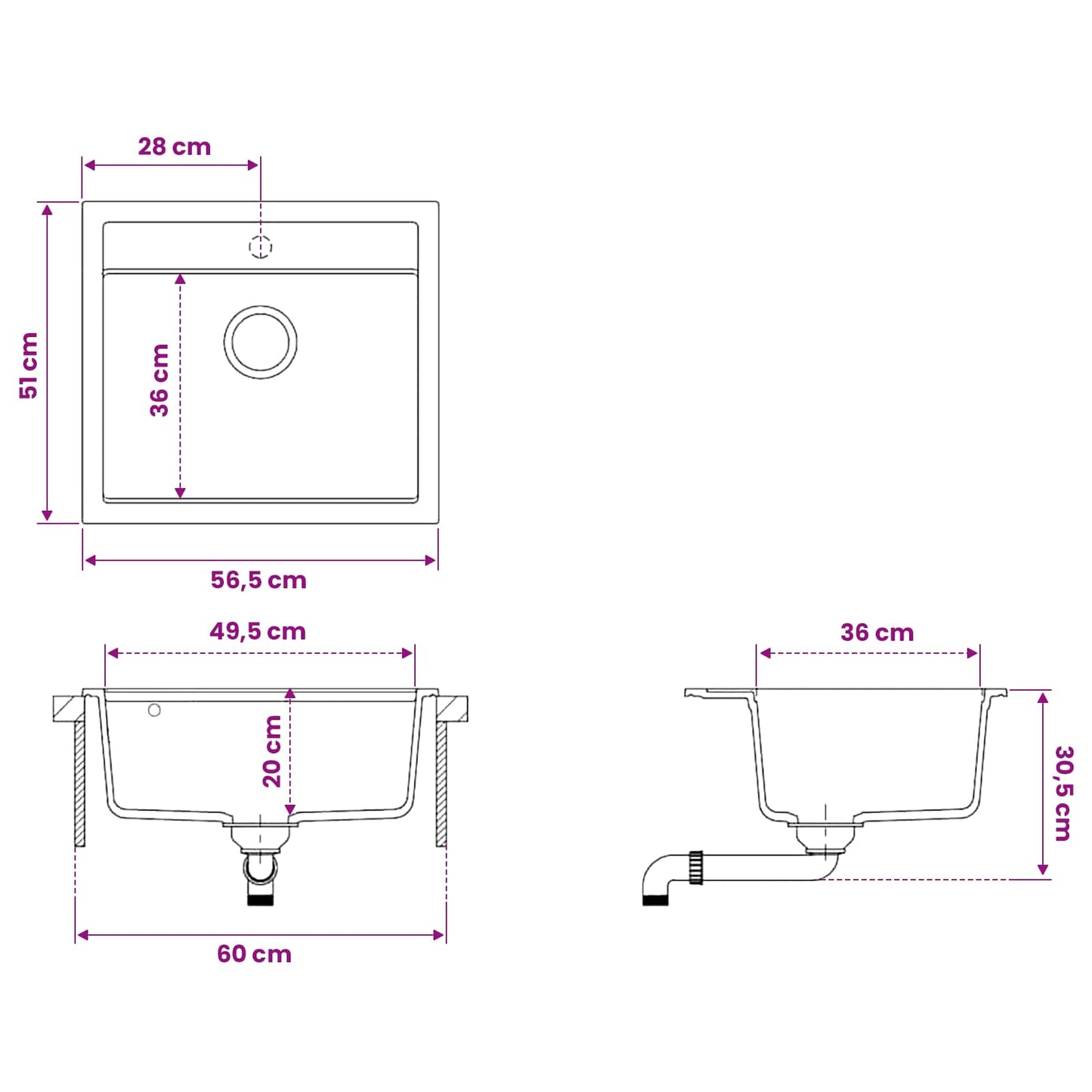 vidaXL Kitchen Sink Single Basin Granite 60 x 51 x 30.5 cm Graphite