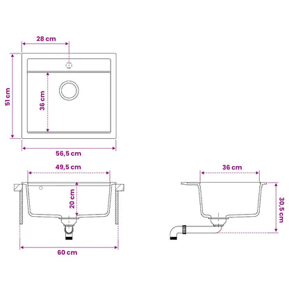 vidaXL Kitchen Sink Single Basin Granite 60 x 51 x 30.5 cm Graphite