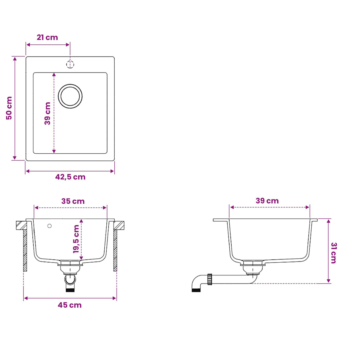 vidaXL Kitchen Sink Single Basin Granite 42.5 x 50 x 31 cm Graphite