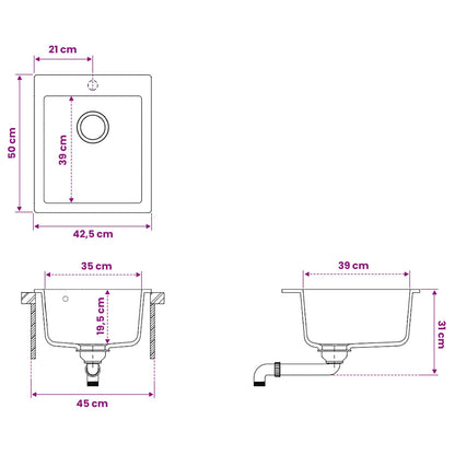 vidaXL Kitchen Sink Single Basin Granite 42.5 x 50 x 31 cm Graphite