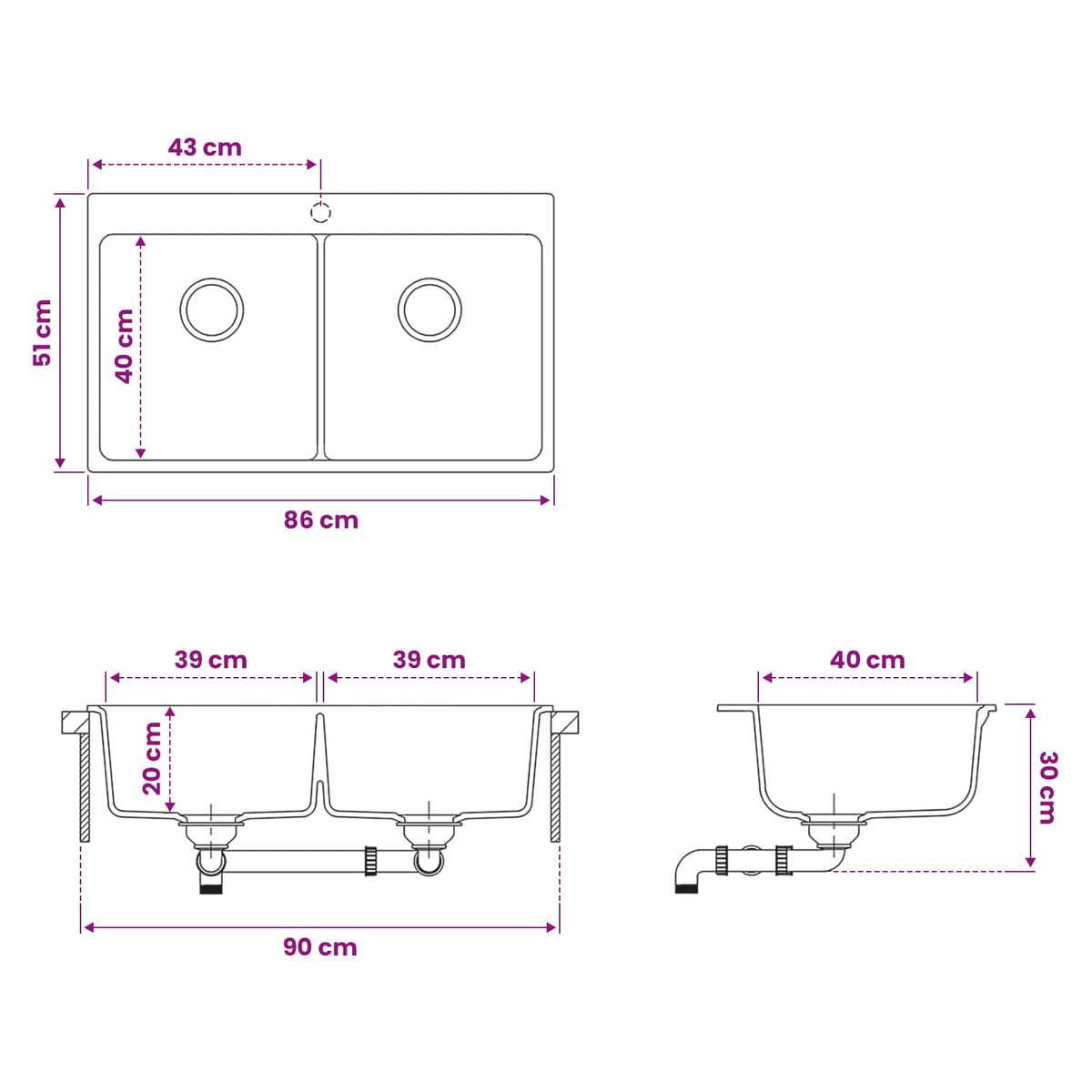 vidaXL Kitchen Sink Double Basin Granite 86 x 51 x 30 cm Graphite