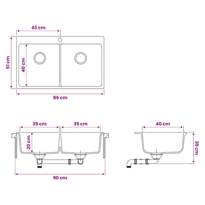 vidaXL Kitchen Sink Double Basin Granite 86 x 51 x 30 cm Graphite