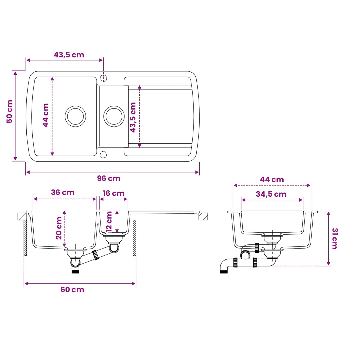 vidaXL Kitchen Sink Double Basin Granite 96 x 50 x 31 cm Graphite