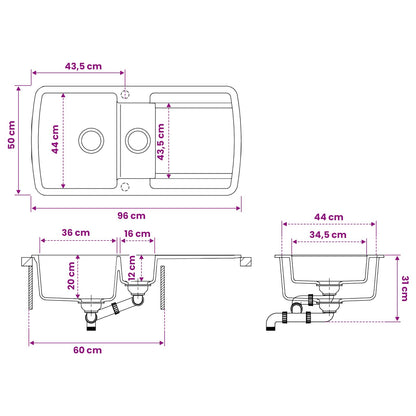 vidaXL Kitchen Sink Double Basin Granite 96 x 50 x 31 cm Graphite
