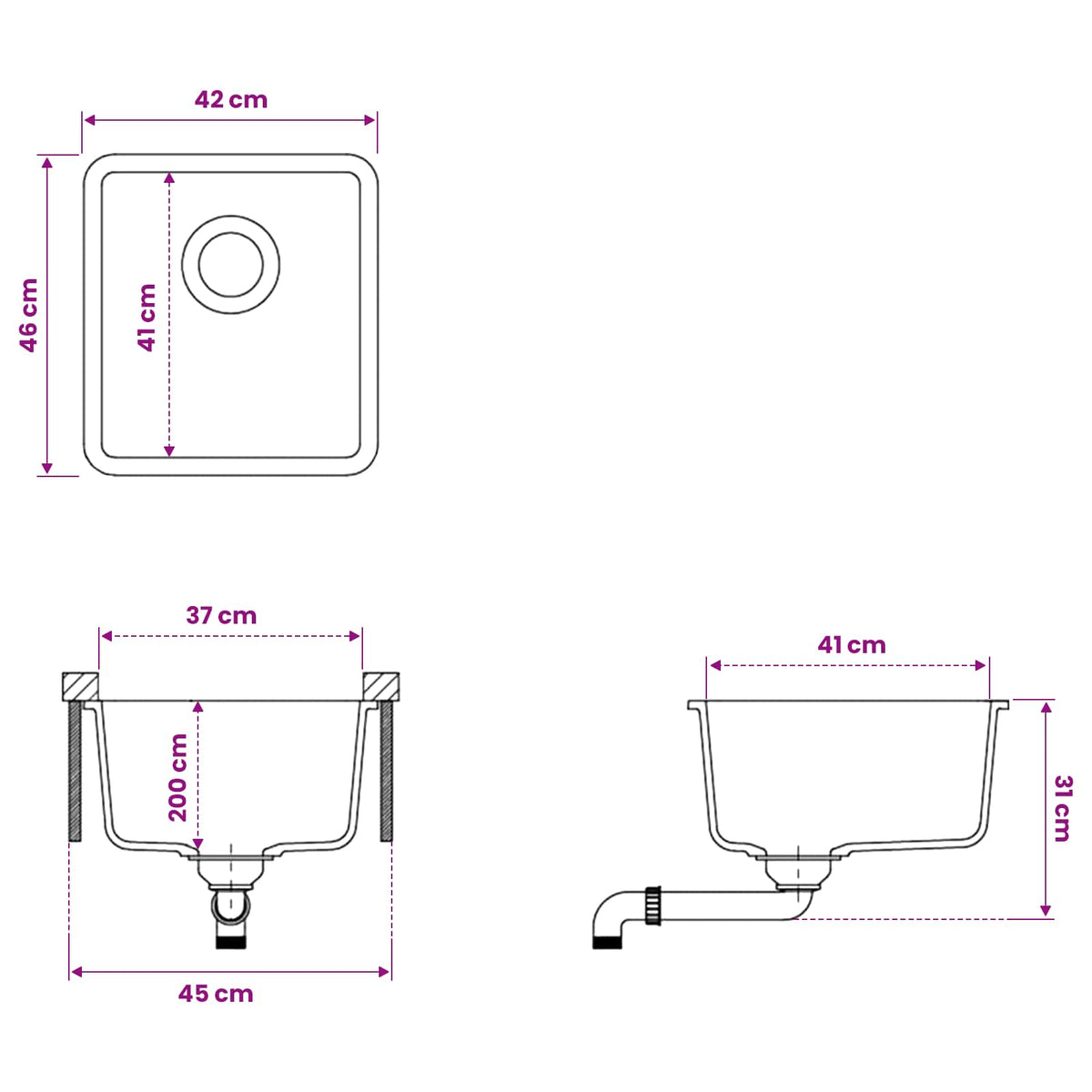 vidaXL Kitchen Sink Single Basin Granite 42 x 46 x 31 cm Graphite