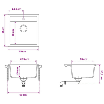 vidaXL Kitchen Sink Single Basin Granite 49 x 51 x 30.5 cm Graphite