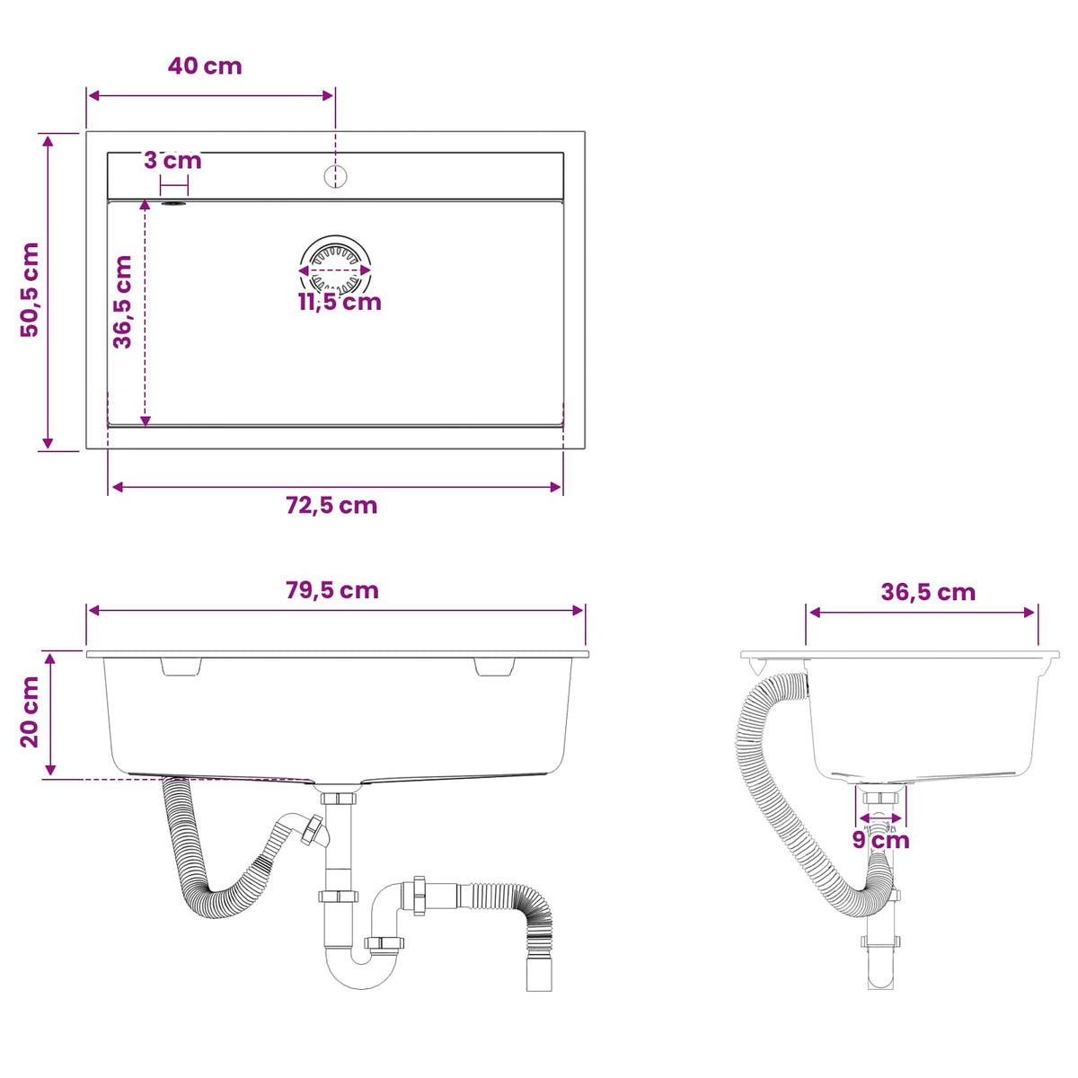vidaXL Kitchen Sink Single Basin Granite 79.5 x 50.5 x 20 cm Graphite