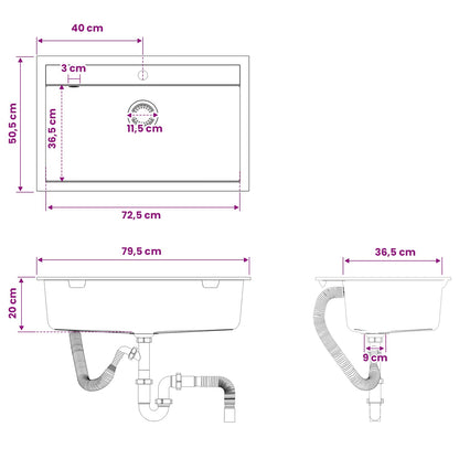 vidaXL Kitchen Sink Single Basin Granite 79.5 x 50.5 x 20 cm Graphite