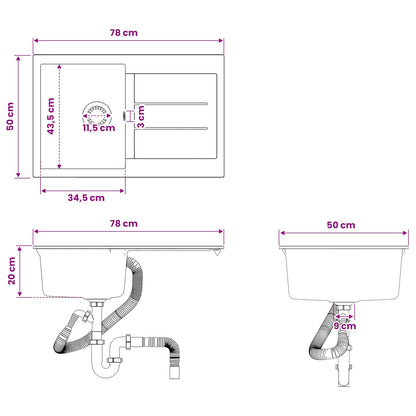 vidaXL Kitchen Sink Single Basin Granite 78 x 50 x 20 cm Graphite