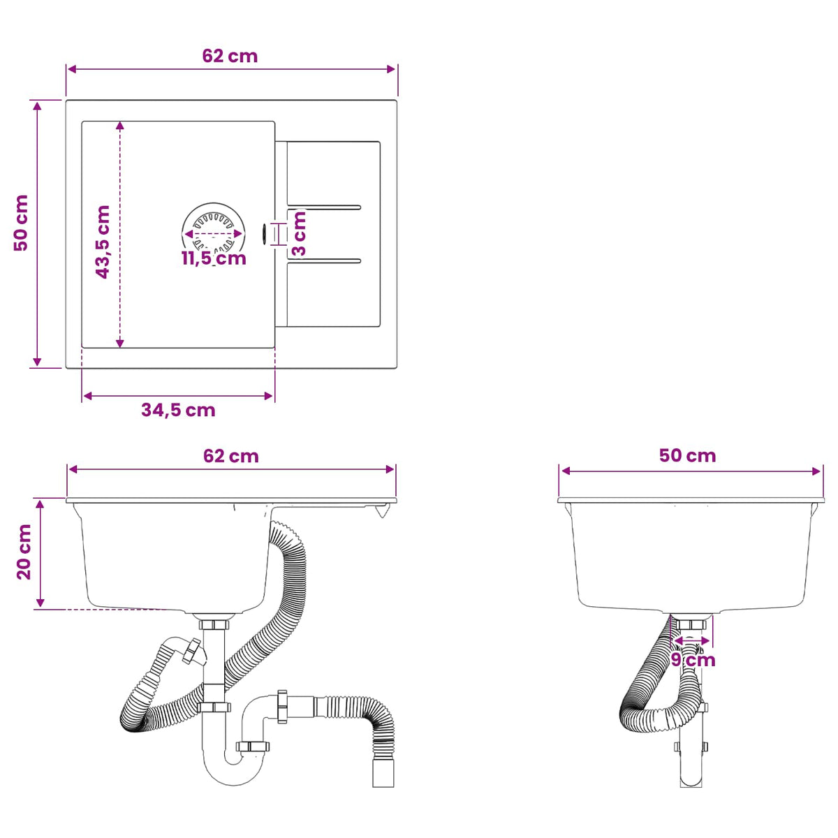 vidaXL Kitchen Sink Single Basin Granite 62 x 50 x 20 cm Graphite