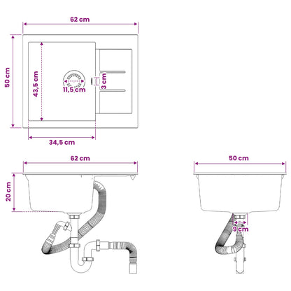 vidaXL Kitchen Sink Single Basin Granite 62 x 50 x 20 cm Graphite