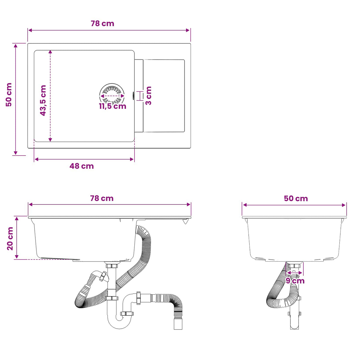 vidaXL Kitchen Sink Single Basin Granite 78 x 50 x 20 cm Graphite