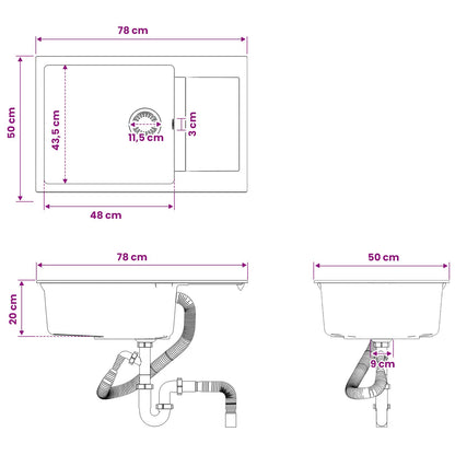 vidaXL Kitchen Sink Single Basin Granite 78 x 50 x 20 cm Graphite