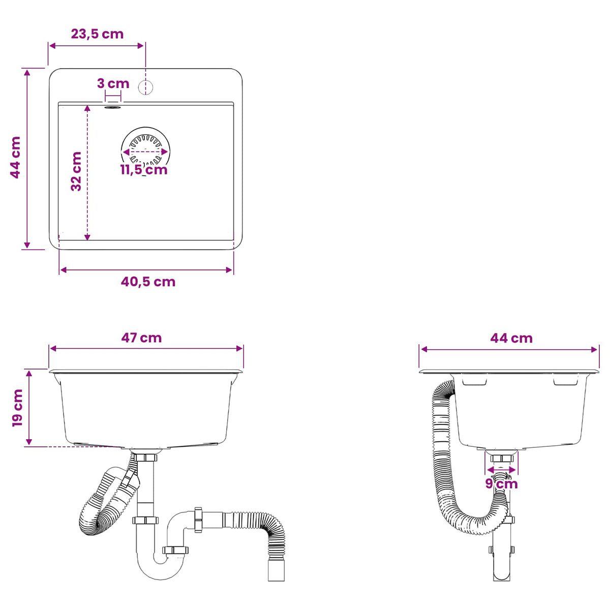 vidaXL Kitchen Sink Single Basin Granite 47 x 44 x 19 cm Graphite