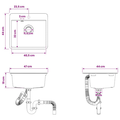vidaXL Kitchen Sink Single Basin Granite 47 x 44 x 19 cm Graphite