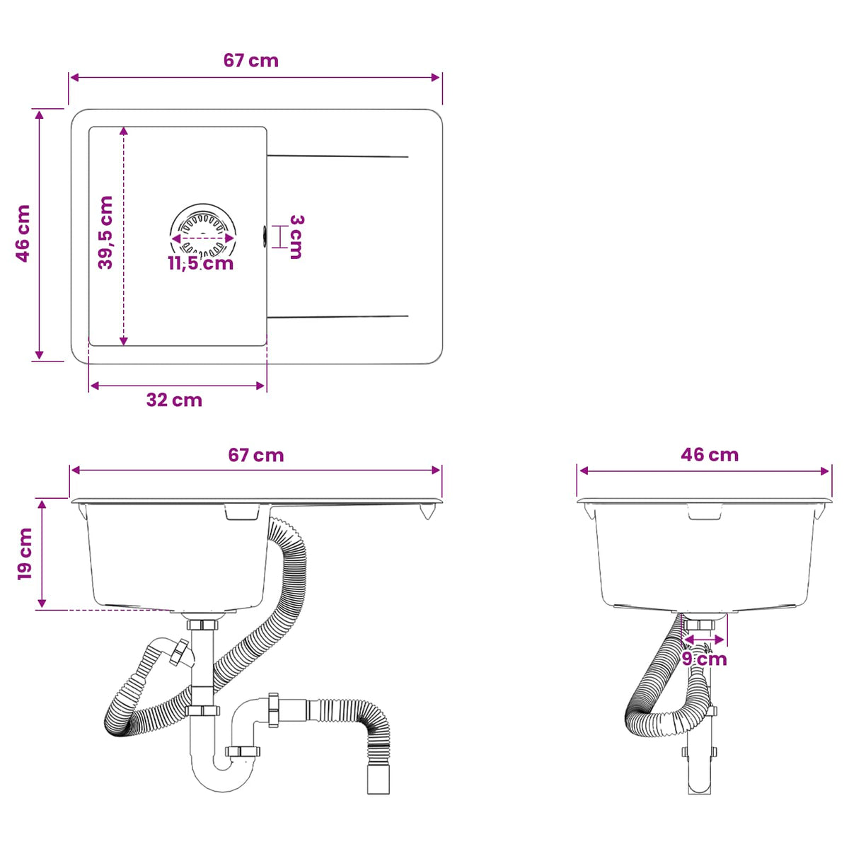vidaXL Kitchen Sink Single Basin Granite 67 x 46 x 19 cm Graphite