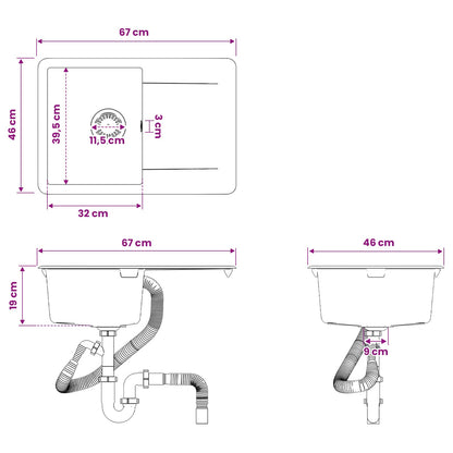 vidaXL Kitchen Sink Single Basin Granite 67 x 46 x 19 cm Graphite