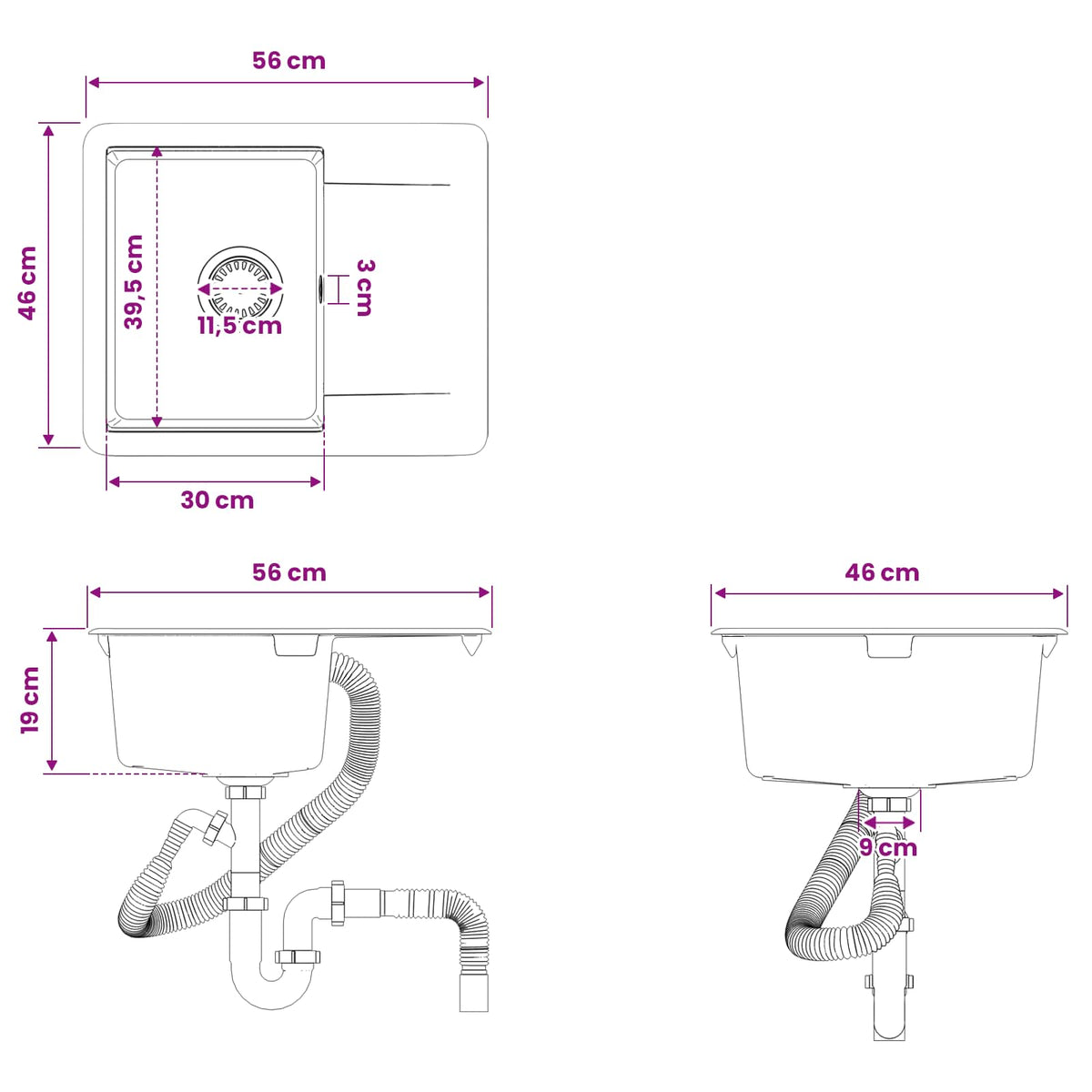 vidaXL Kitchen Sink Single Basin Granite 56 x 46 x 19 cm Graphite