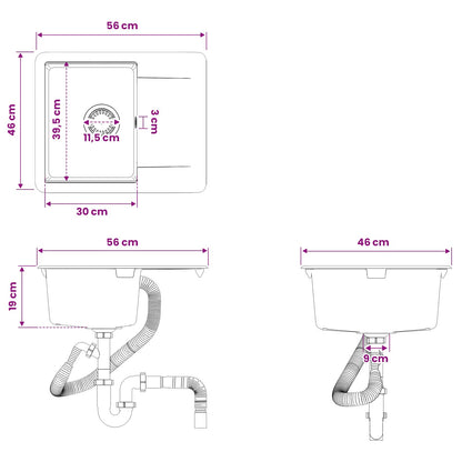 vidaXL Kitchen Sink Single Basin Granite 56 x 46 x 19 cm Graphite
