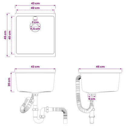 vidaXL Kitchen Sink Single Basin Granite 43 x 46 x 20 cm Graphite