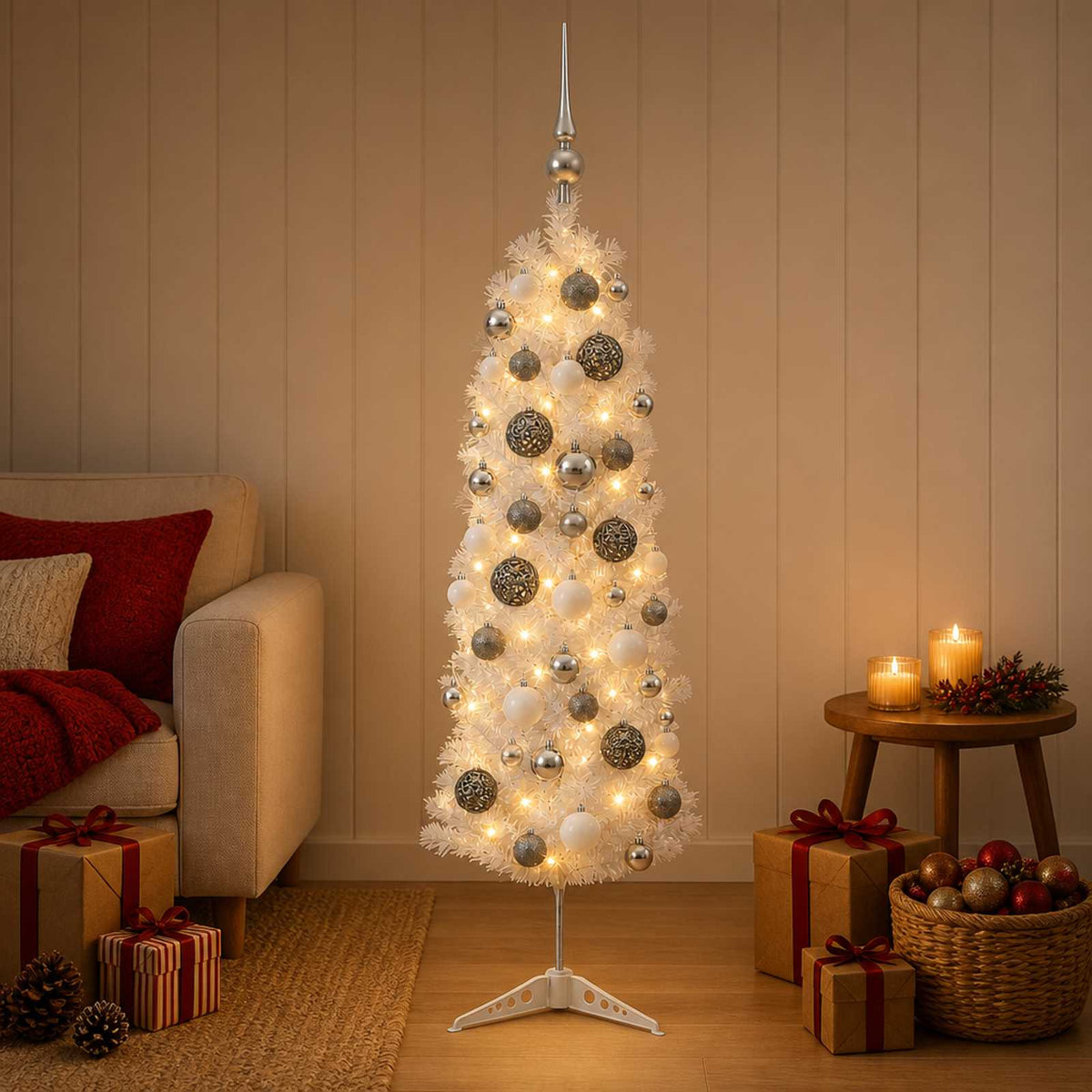 vidaXL Artificial Slim Christmas Tree with Bauble 120 cm 150 LEDs