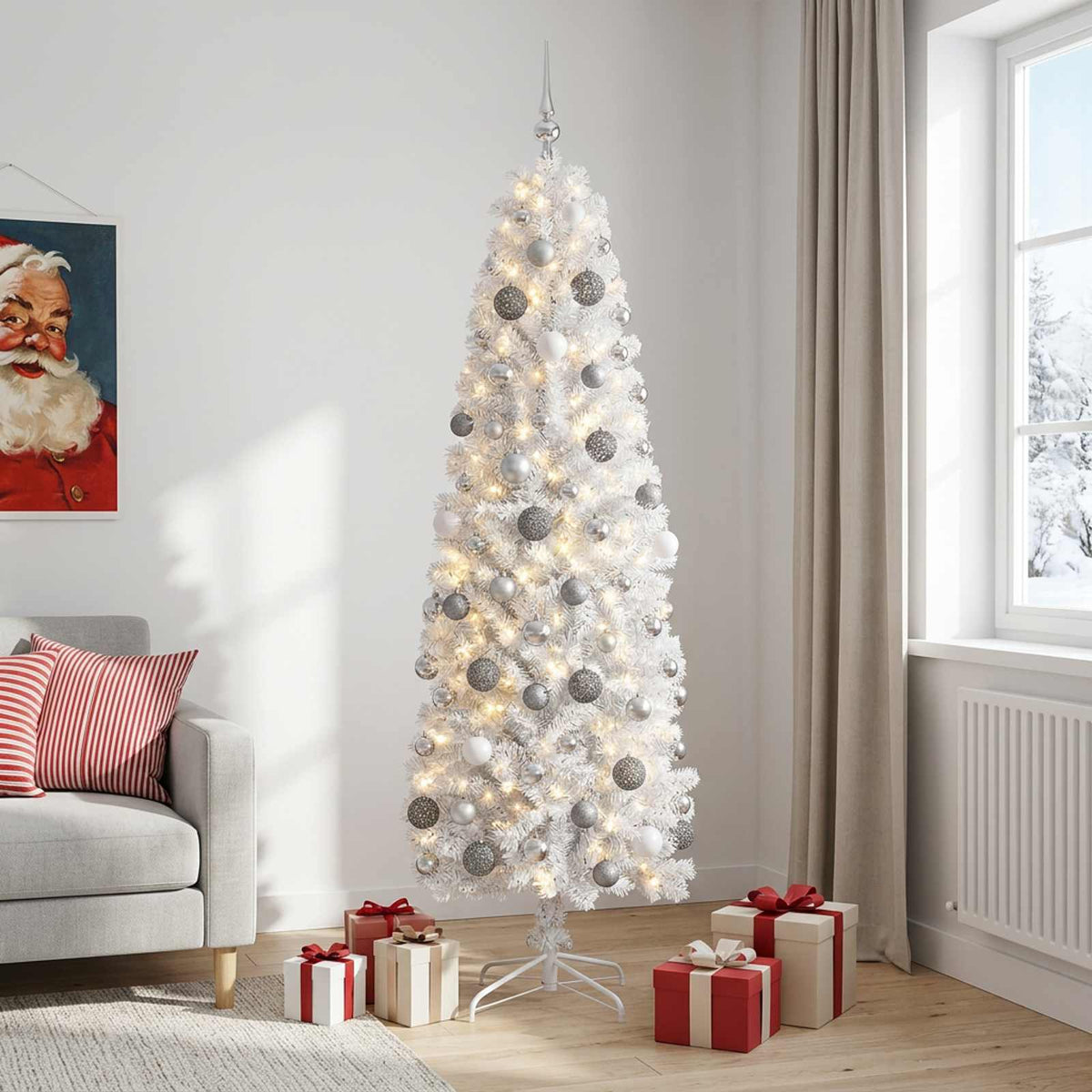 vidaXL Artificial Slim Christmas Tree with Bauble 180 cm 300 LEDs