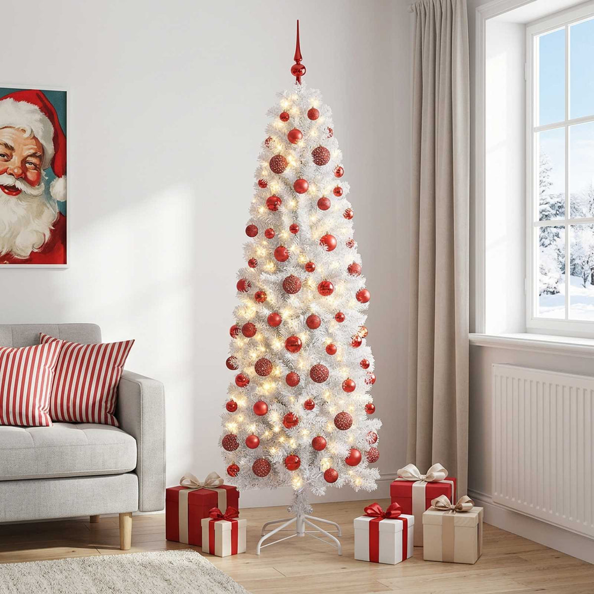 vidaXL Artificial Slim Christmas Tree with Bauble 240 cm 300 LEDs