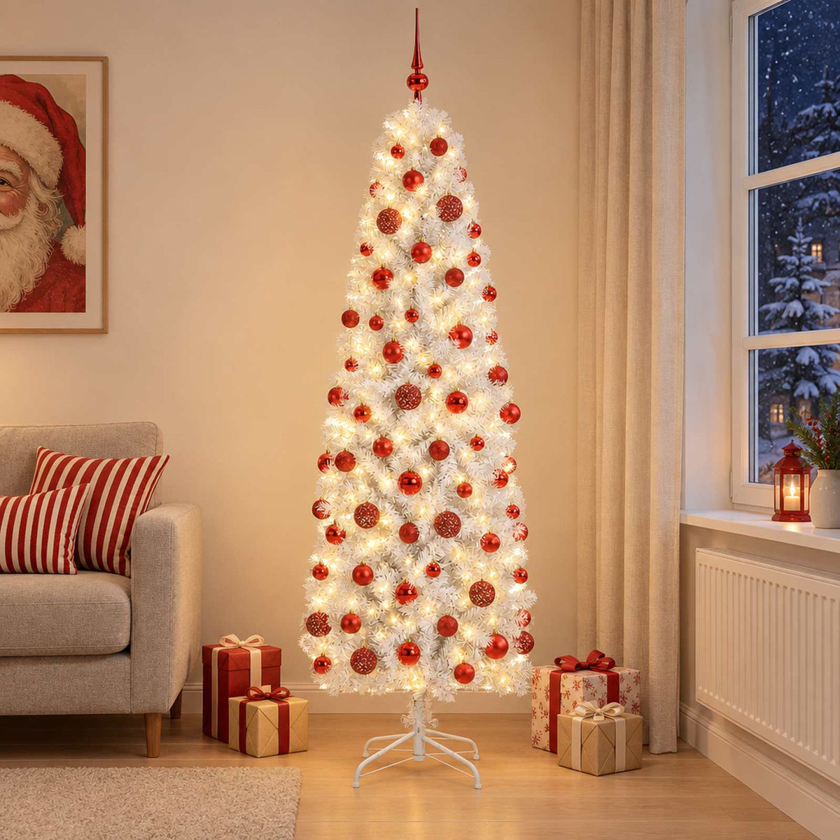 vidaXL Artificial Slim Christmas Tree with Bauble 240 cm 300 LEDs