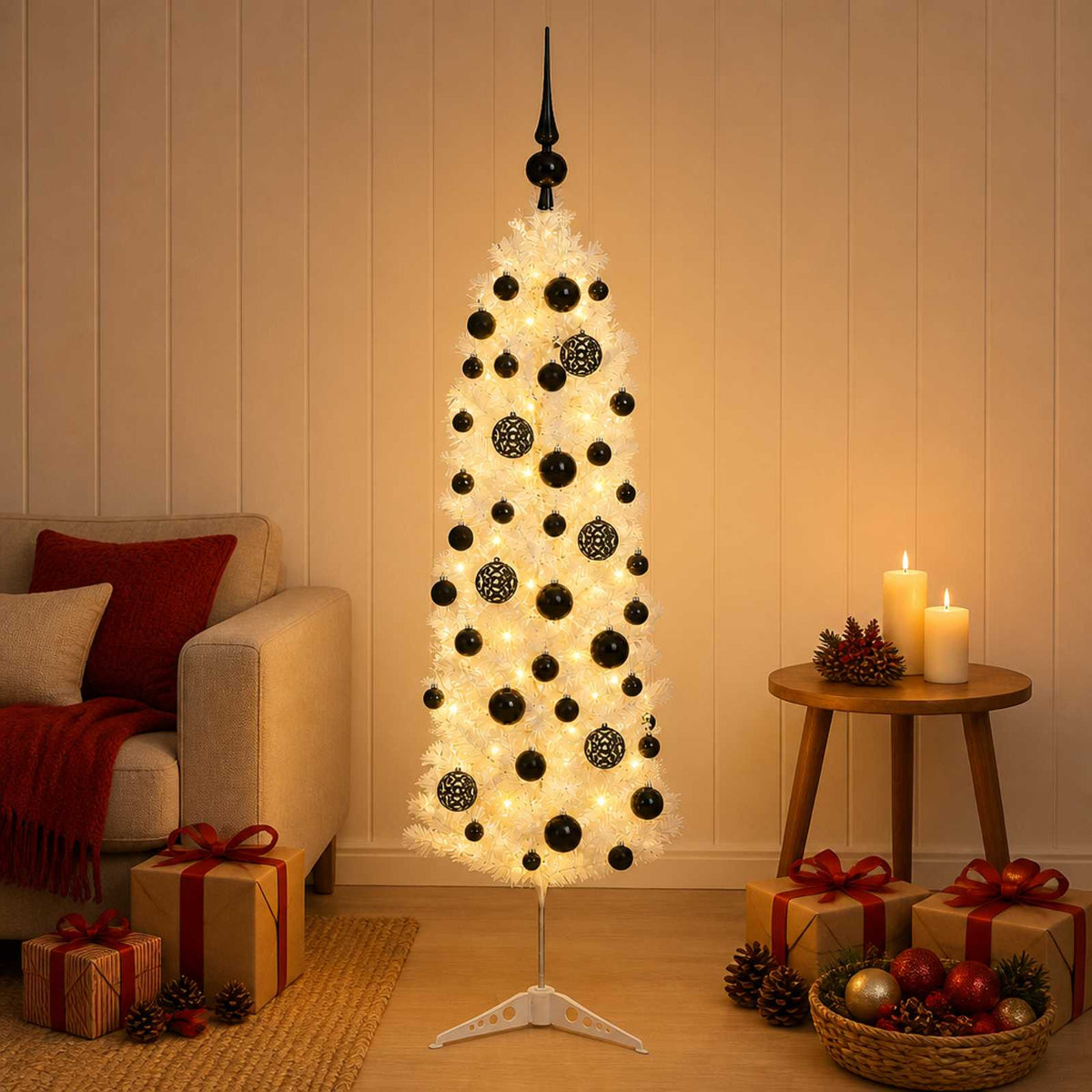 vidaXL Artificial Slim Christmas Tree with Bauble 150 cm 150 LEDs