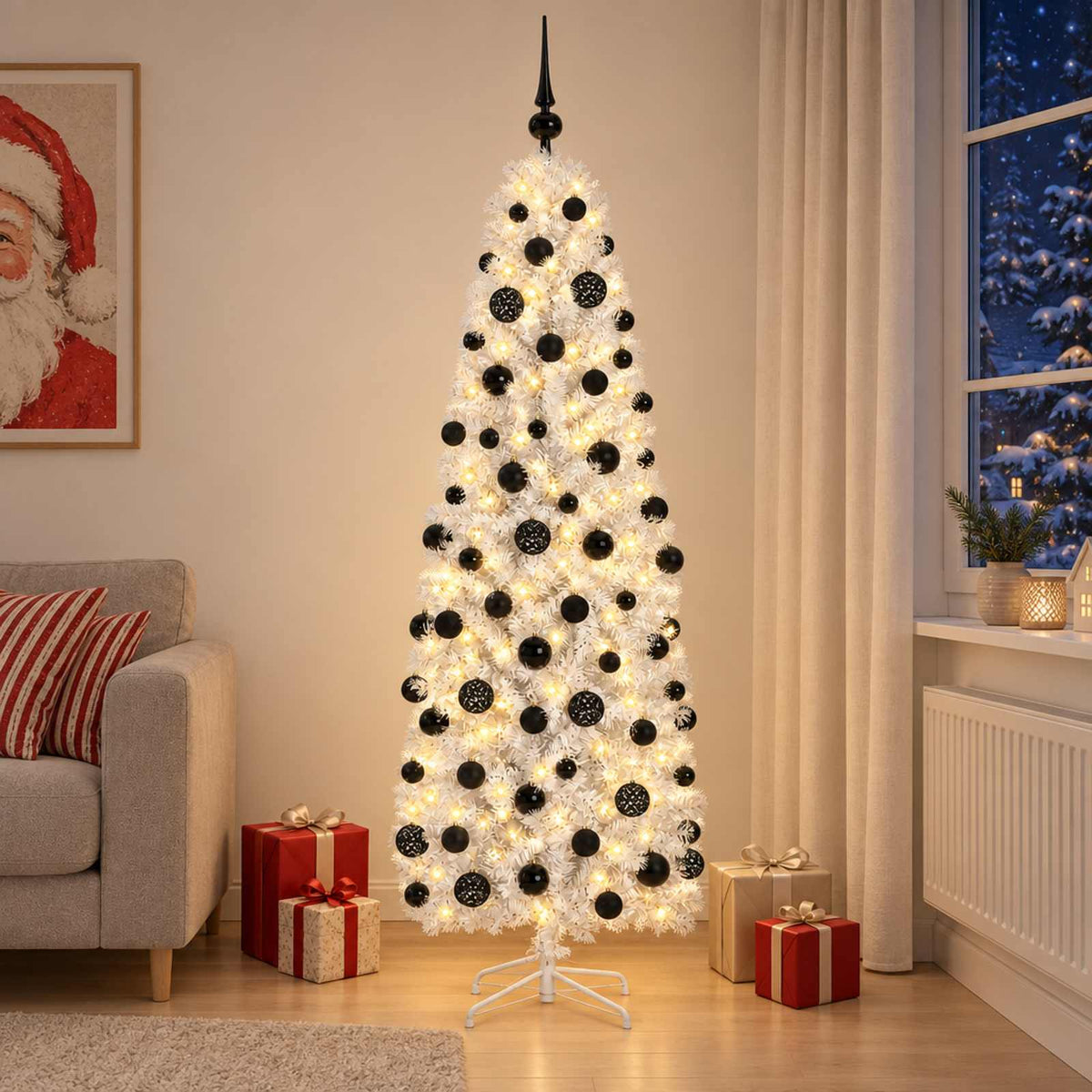vidaXL Artificial Slim Christmas Tree with Bauble 240 cm 300 LEDs