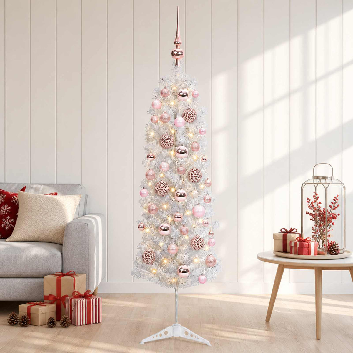 vidaXL Artificial Slim Christmas Tree with Bauble 120 cm 150 LEDs
