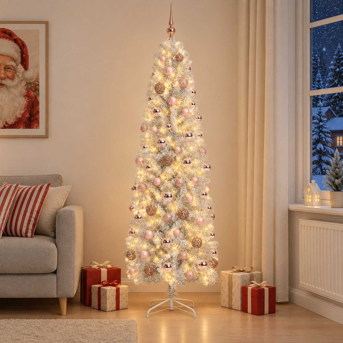 vidaXL Artificial Slim Christmas Tree with Bauble 210 cm 300 LEDs