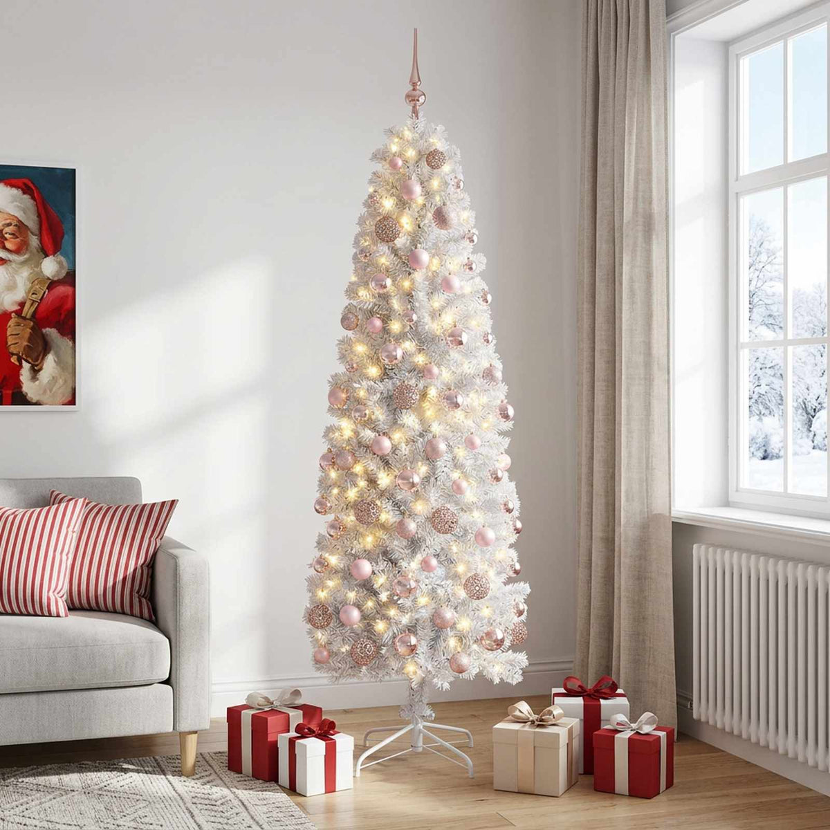 vidaXL Artificial Slim Christmas Tree with Bauble 240 cm 300 LEDs