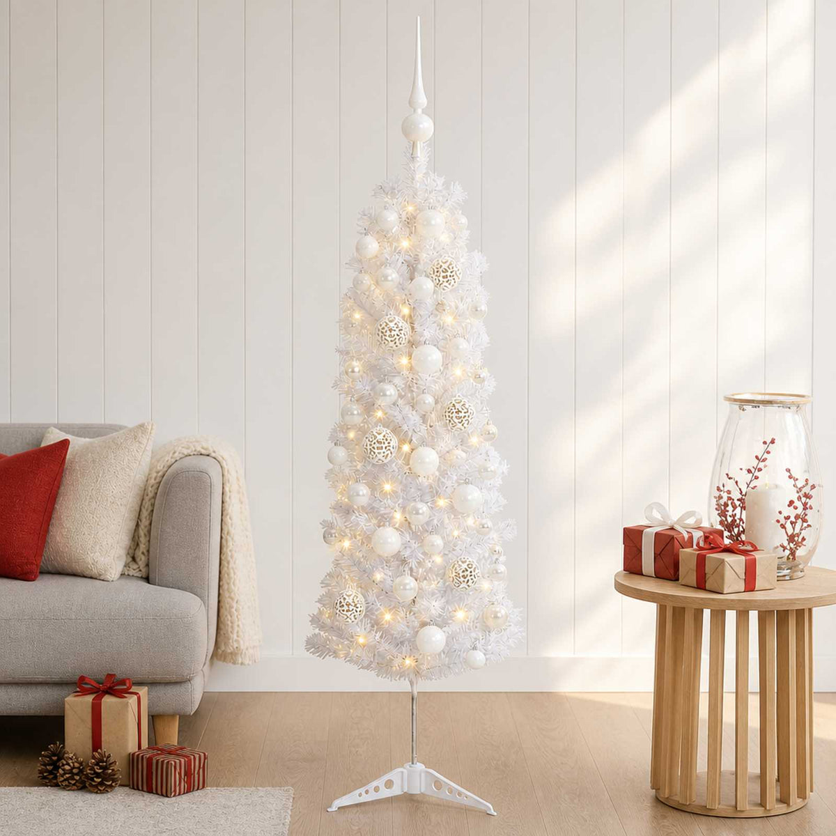 vidaXL Artificial Slim Christmas Tree with Bauble 120 cm 150 LEDs