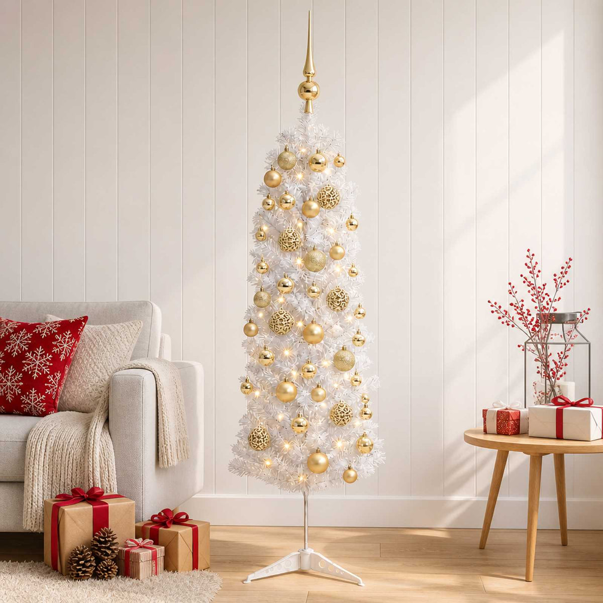 vidaXL Artificial Slim Christmas Tree with Bauble 120 cm 150 LEDs