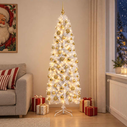 vidaXL Artificial Slim Christmas Tree with Bauble 240 cm 300 LEDs