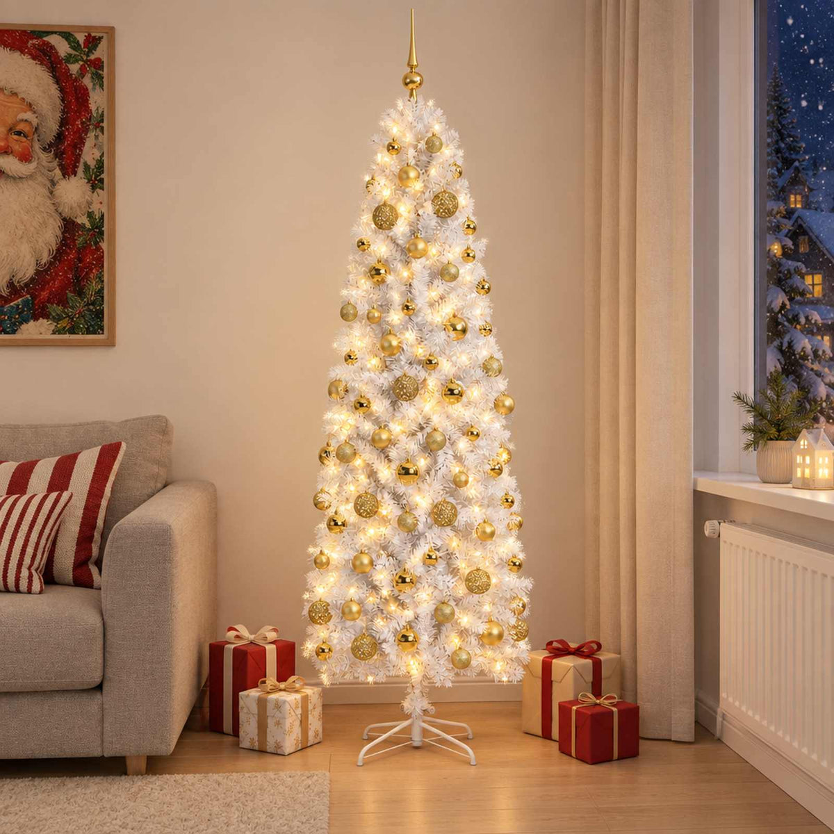 vidaXL Artificial Slim Christmas Tree with Bauble 180 cm 300 LEDs