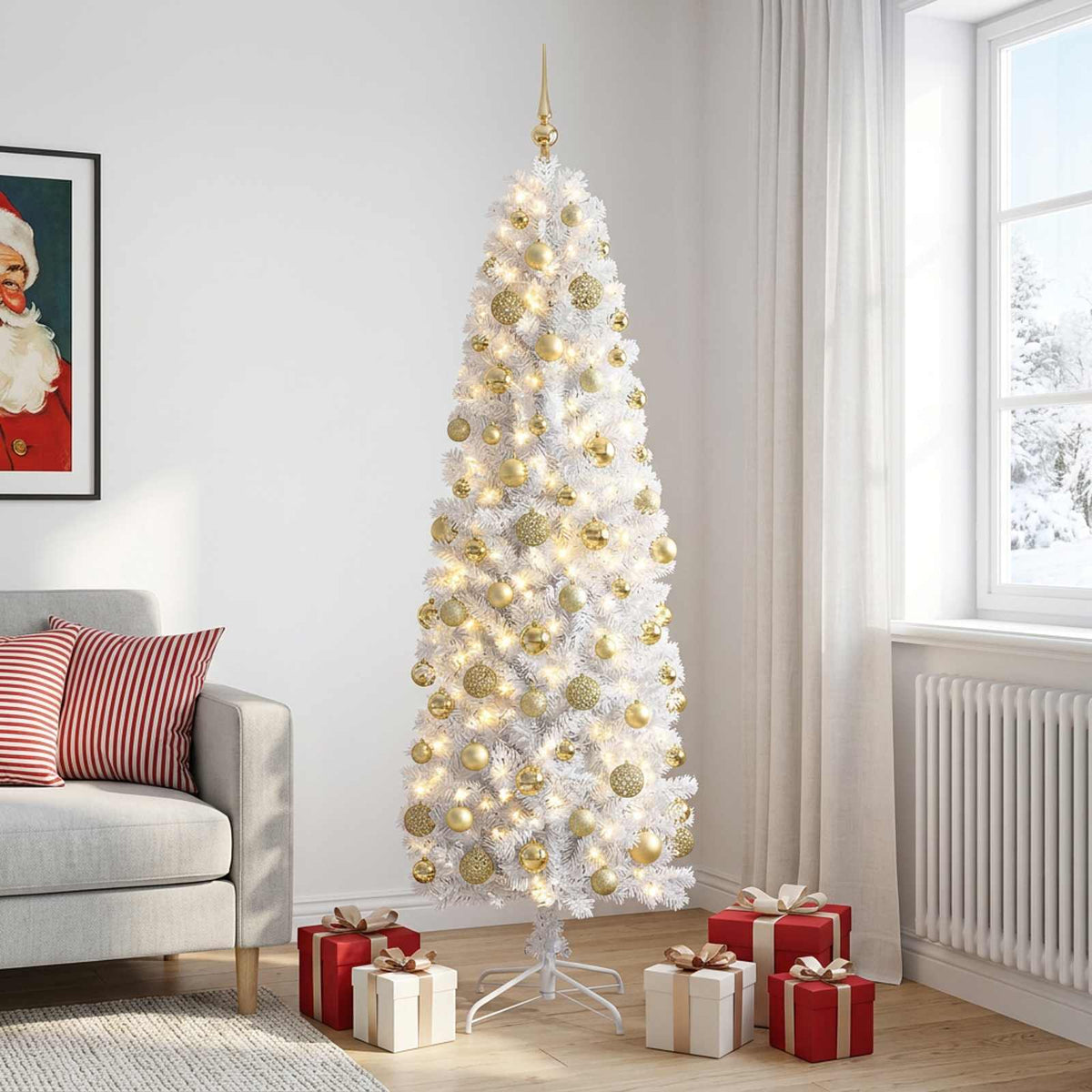 vidaXL Artificial Slim Christmas Tree with Bauble 240 cm 300 LEDs