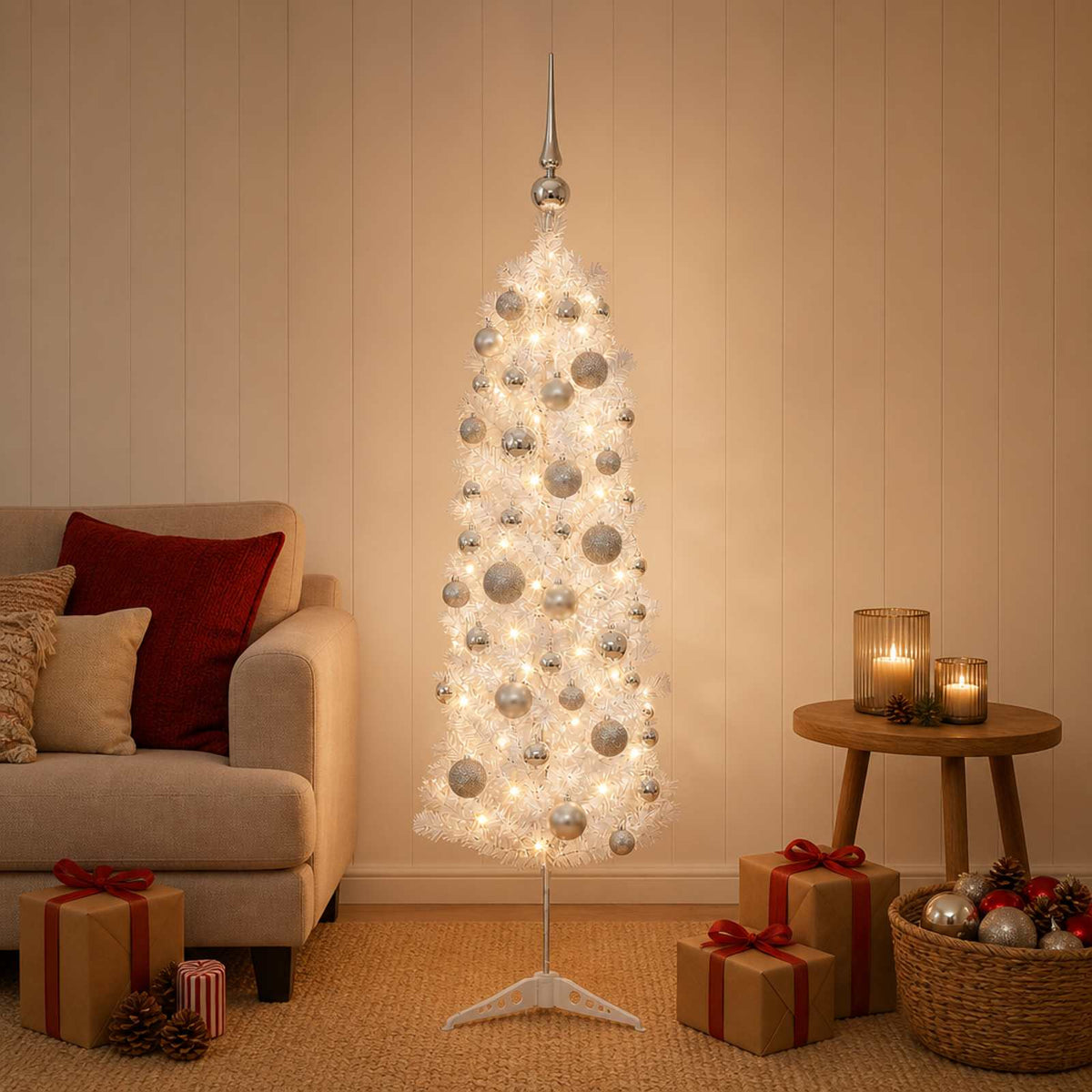 vidaXL Artificial Slim Christmas Tree with Bauble 120 cm 150 LEDs