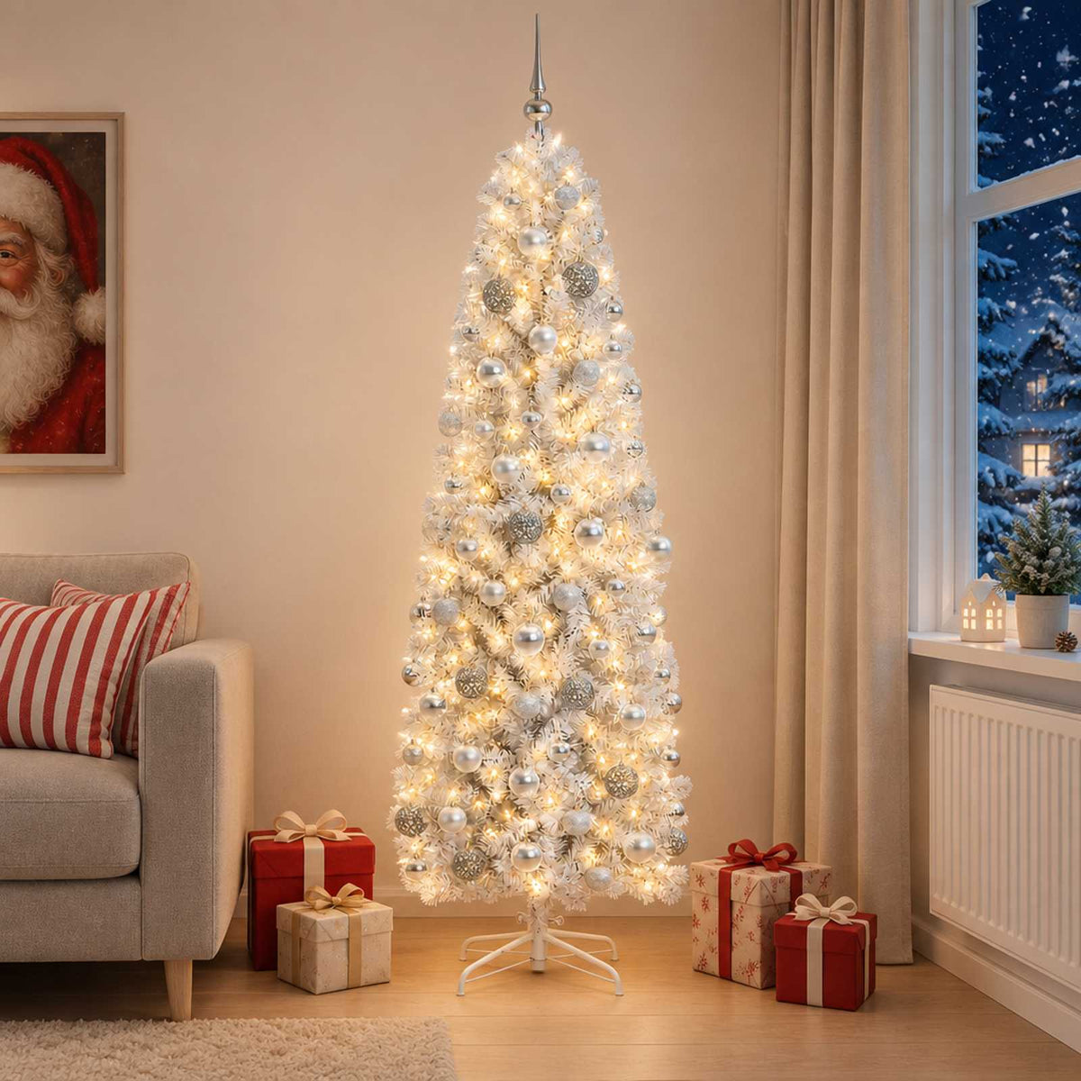 vidaXL Artificial Slim Christmas Tree with Bauble 210 cm 300 LEDs