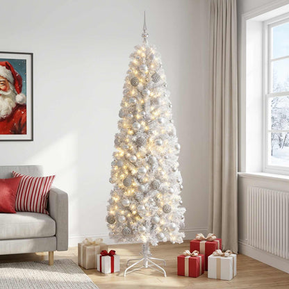 vidaXL Artificial Slim Christmas Tree with Bauble 210 cm 300 LEDs