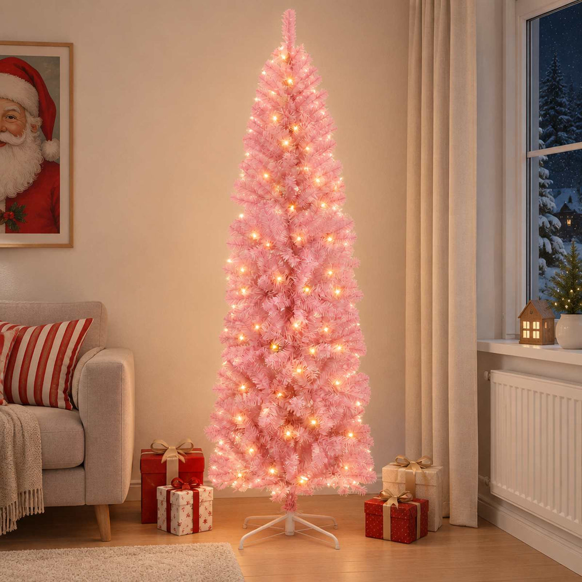 vidaXL Artificial Slim Christmas Tree 210 cm 300 LEDs Warm White