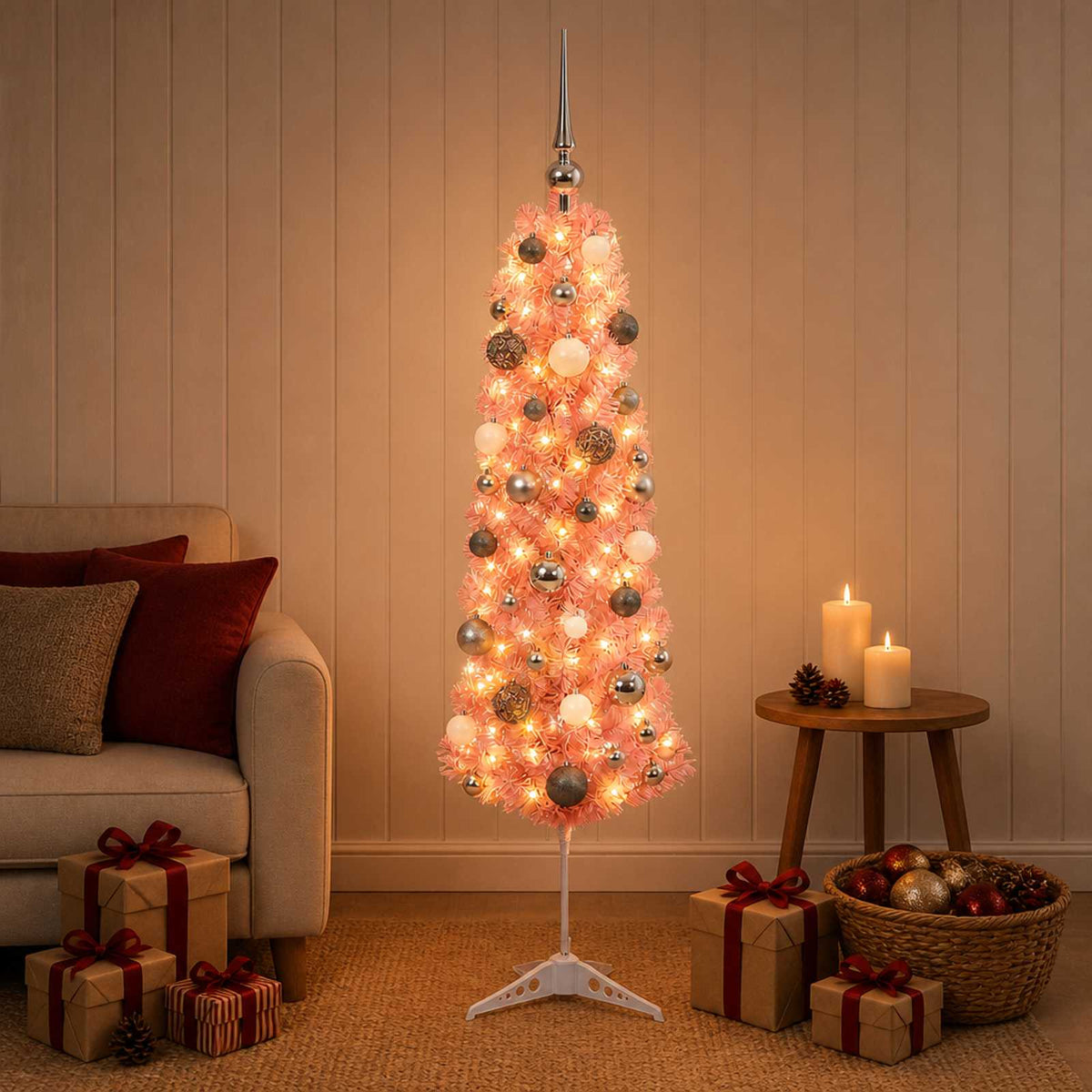 vidaXL Artificial Slim Christmas Tree with Bauble 120 cm 150 LEDs