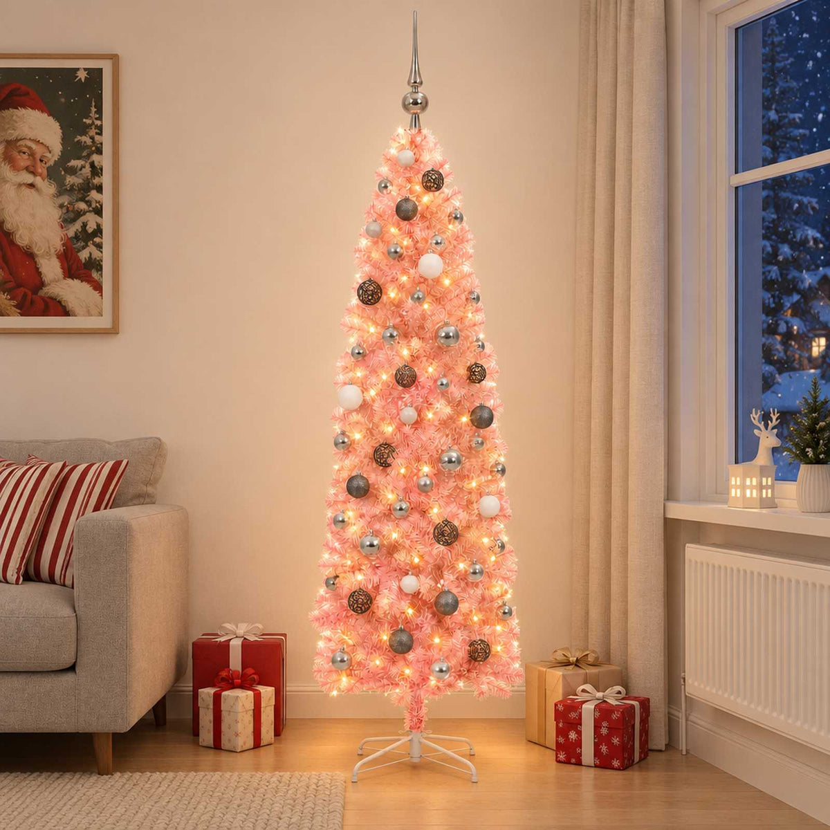 vidaXL Artificial Slim Christmas Tree with Bauble 180 cm 300 LEDs
