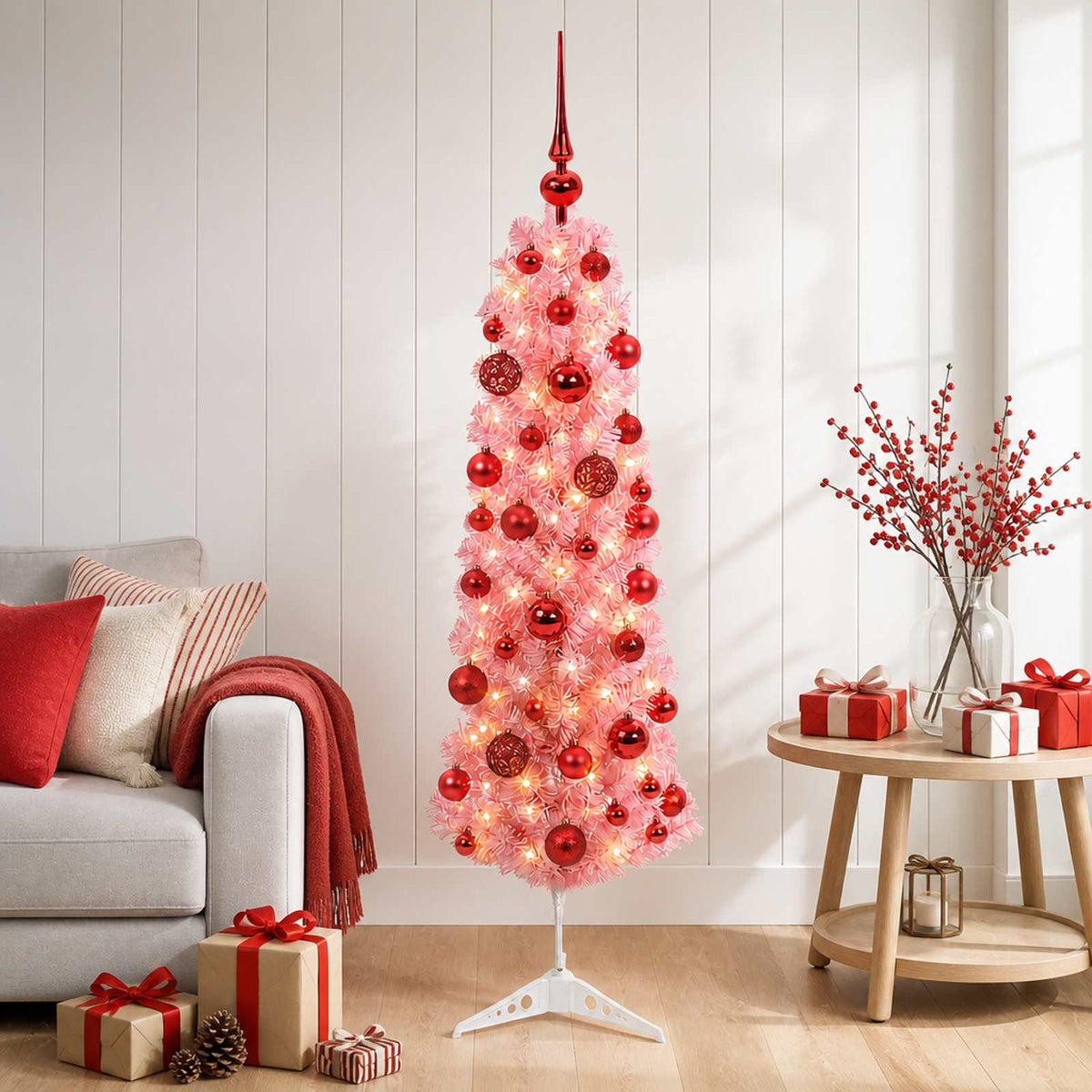 vidaXL Artificial Slim Christmas Tree with Bauble 120 cm 150 LEDs