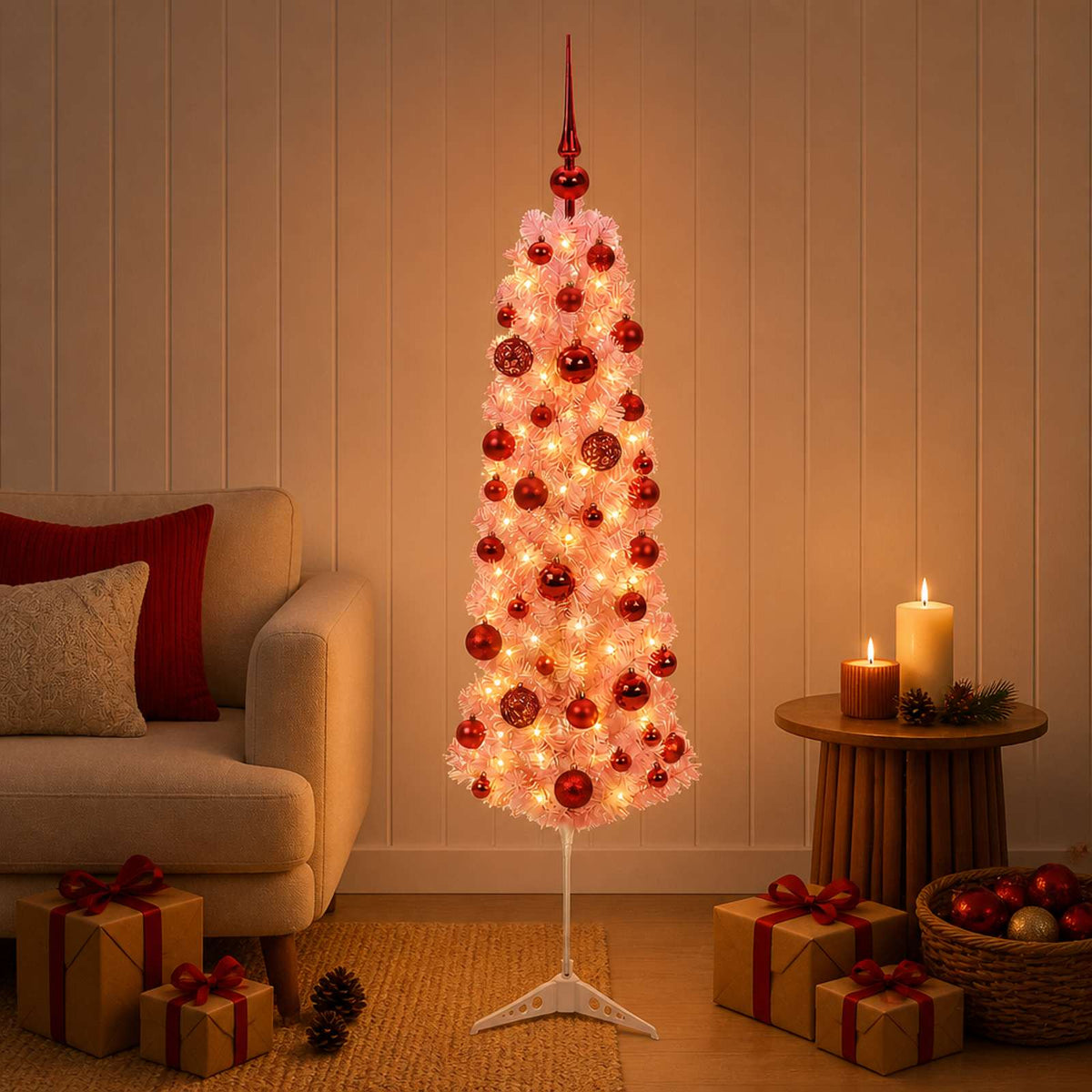 vidaXL Artificial Slim Christmas Tree with Bauble 150 cm 150 LEDs