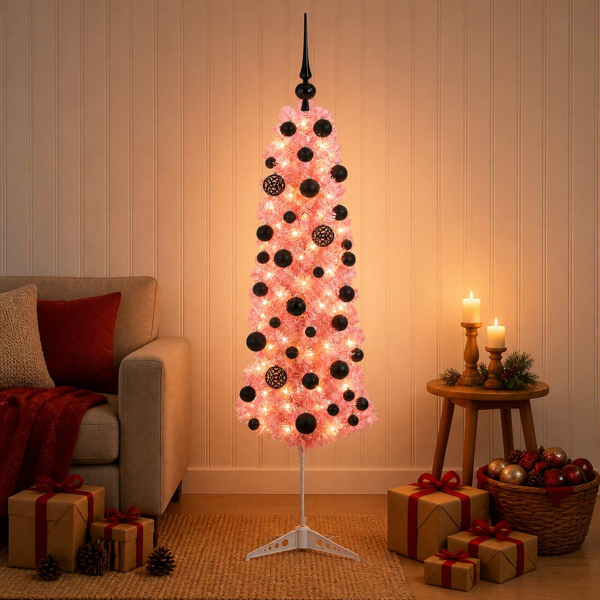 vidaXL Artificial Slim Christmas Tree with Bauble 120 cm 150 LEDs